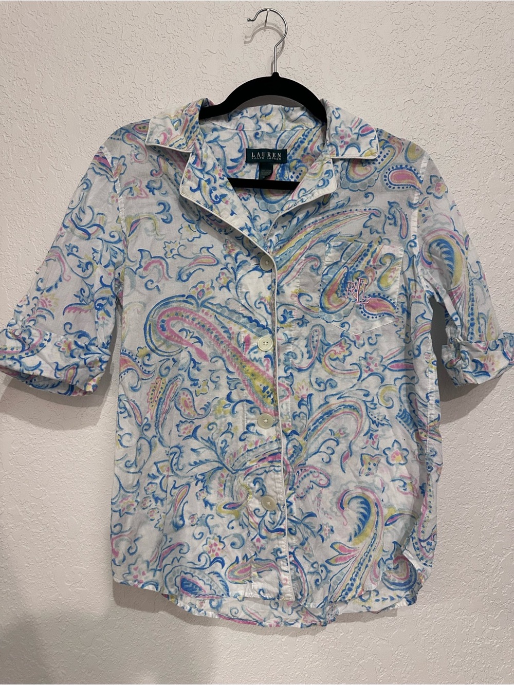 Lauren Ralph Lauren White Paisley-Print Short Sleeve Button-Up Shirt